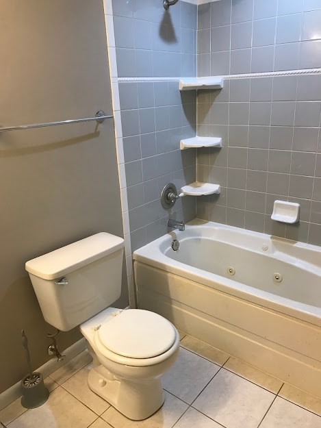 a bathroom with a toilet and a bath tub