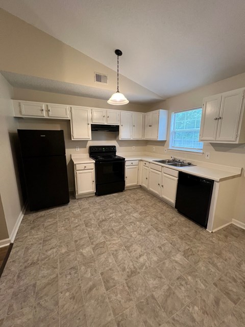 A kitchen with a black refrigerator, black stove, and black dishwasher.