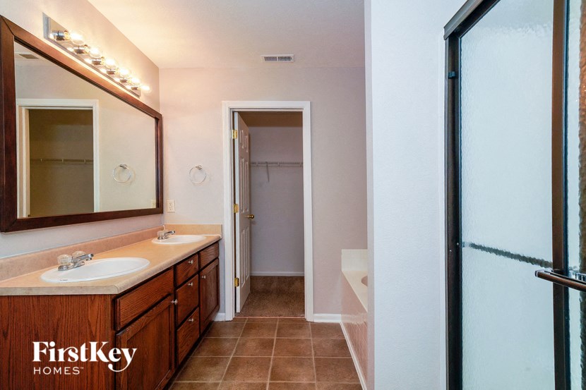 a bathroom with a sink and a shower and a mirror