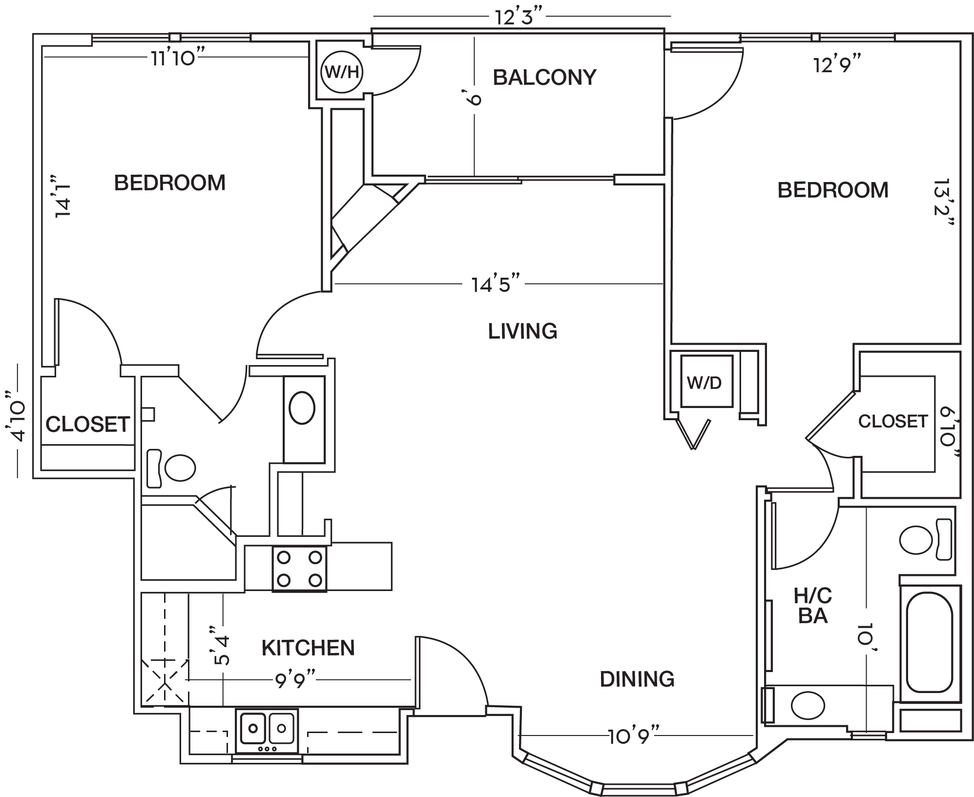 2 Bed 2 Bath Floor Plan at Toluca Court, Toluca Lake