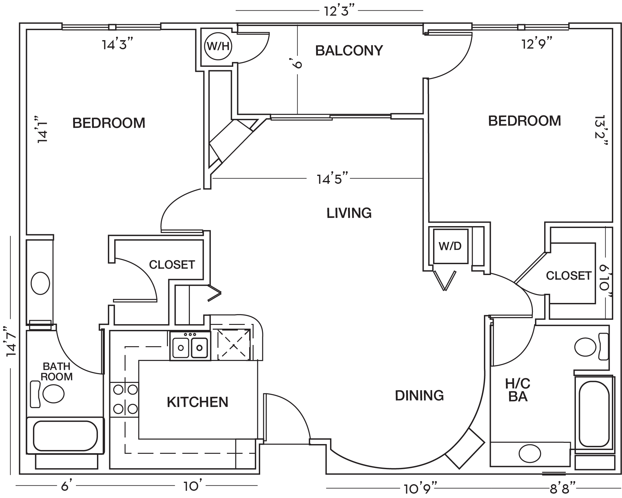 2 Bedroom 2 Bath Floor Plan at Toluca Court, California