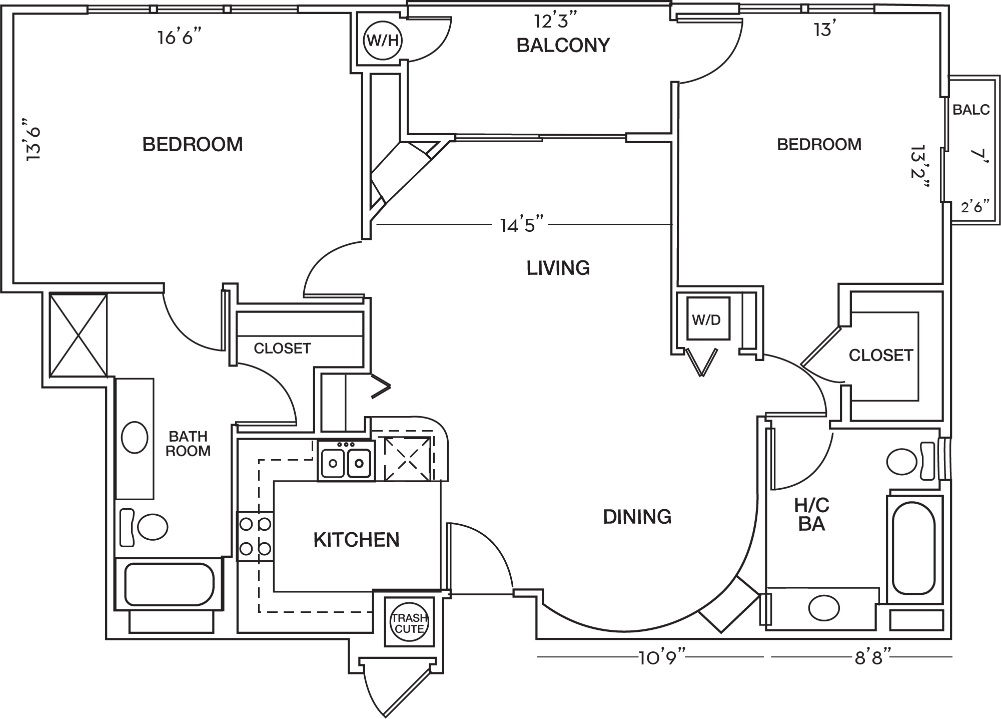 Two Bedroom Floor Plan at Toluca Court, California, 91602