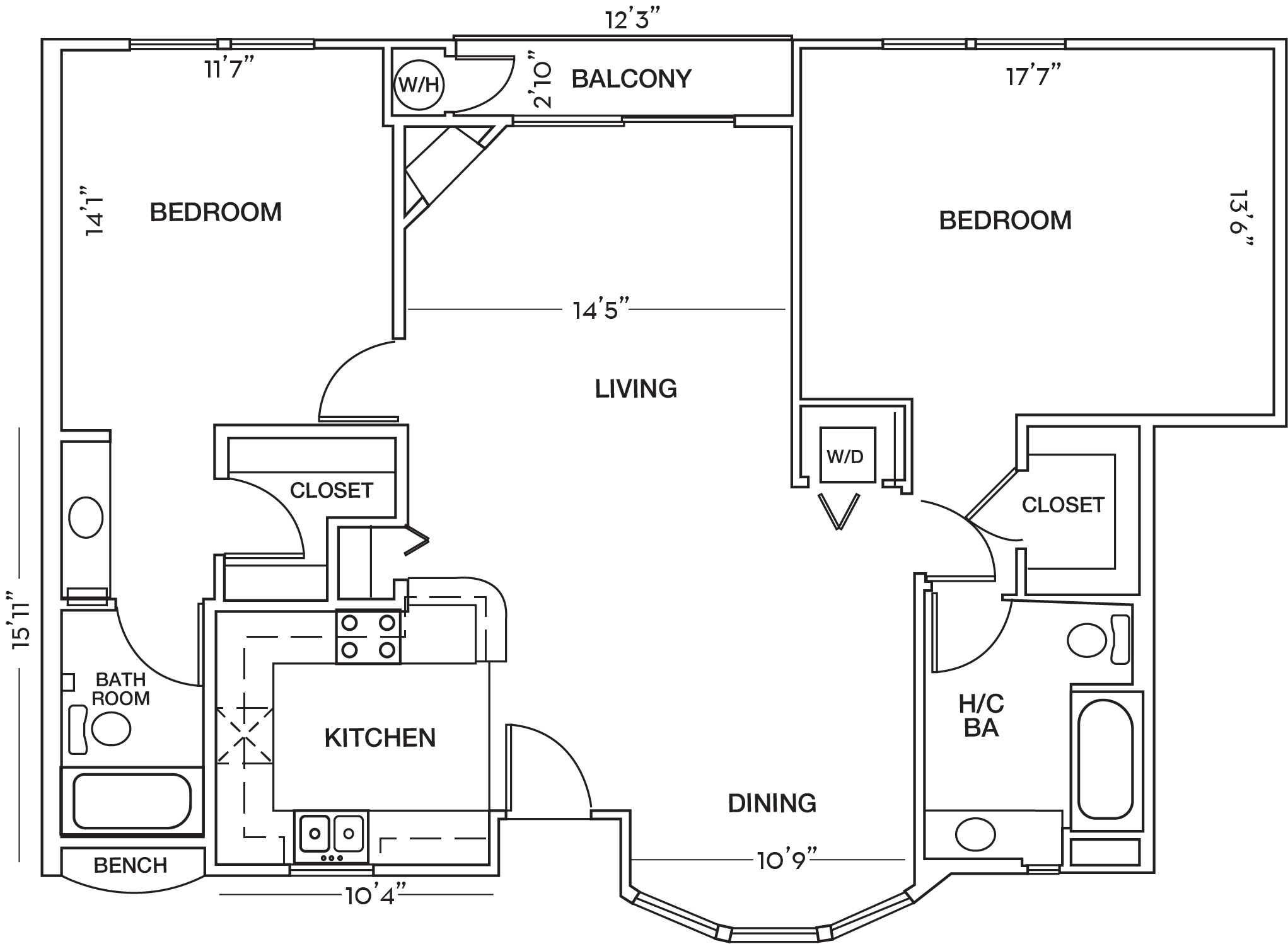 2 Bed Floor Plan at Toluca Court, Toluca Lake, 91602