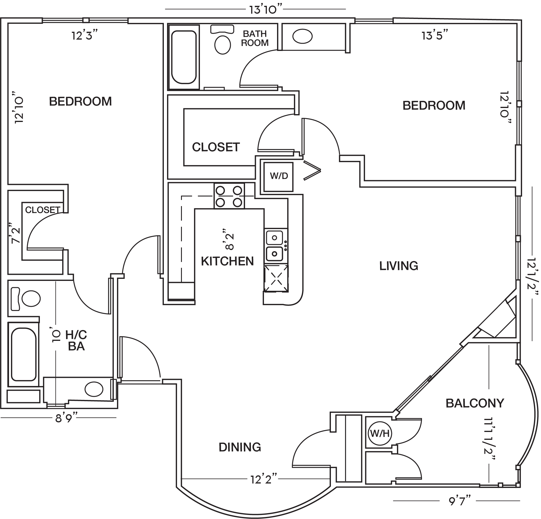 Two Bedroom Two Bath Floor Plan at Toluca Court, Toluca Lake