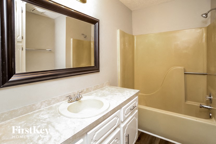 a bathroom with a sink and a mirror and a shower
