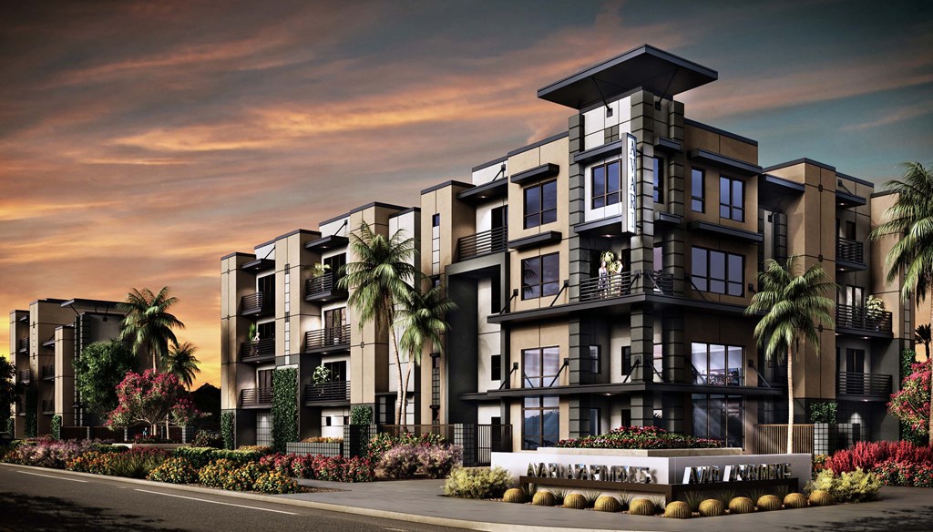 a rendering of an apartment building with palm trees