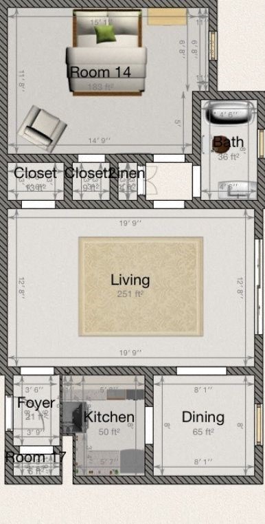 the floor plan of a small house with a living room and a kitchen