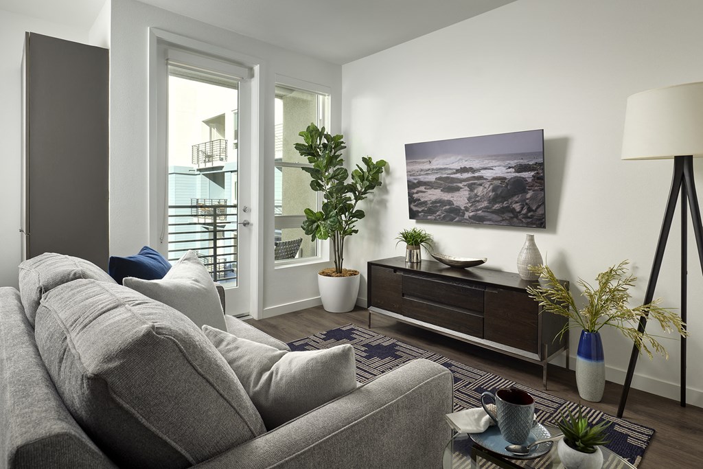 a living room with a couch and a tv and some plants