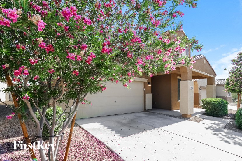 a house with a tree with pink flowers in front of it