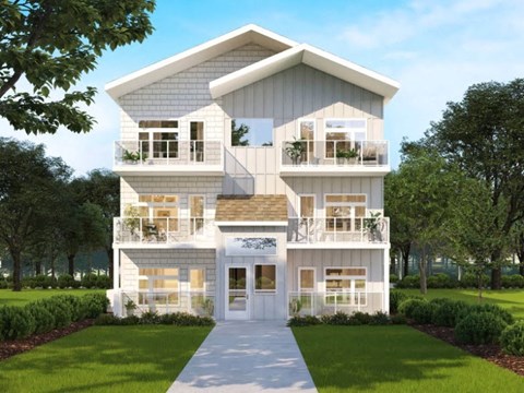 a rendering of a three story with balconies