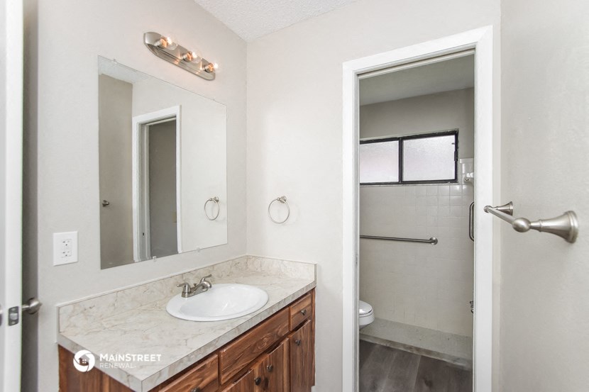 a bathroom with a sink and a mirror and a toilet