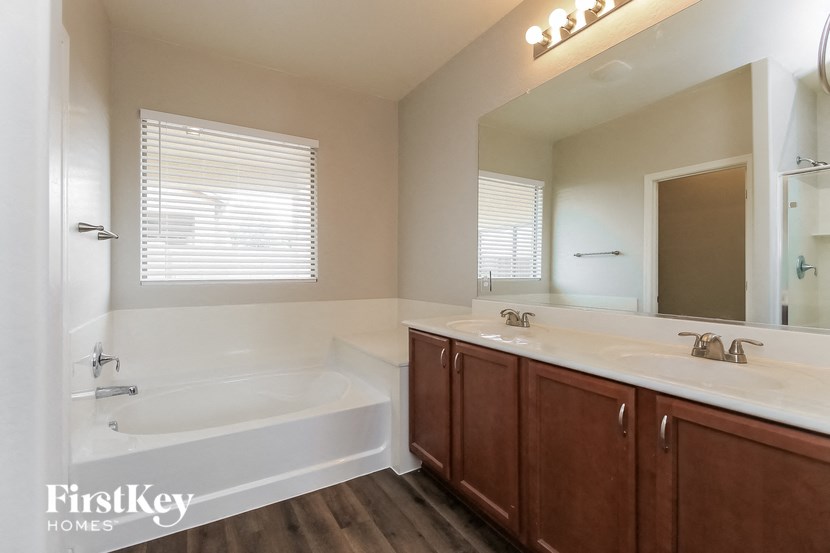a bathroom with a tub and a sink and a mirror