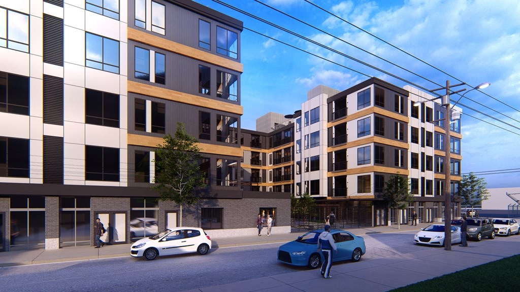 a rendering of a city street with buildings and cars