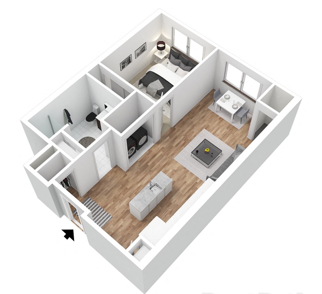 a 3d floor plan of a home with a bedroom and a living room