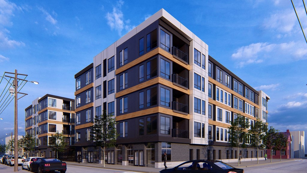 a rendering of a new mixed use building on a city street