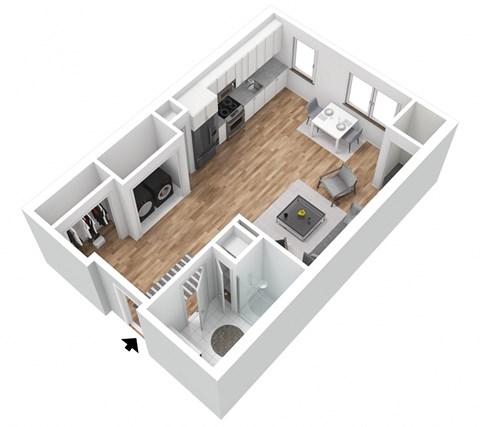 an overhead view of a 2 bedroom floor plan with a kitchen and living room
