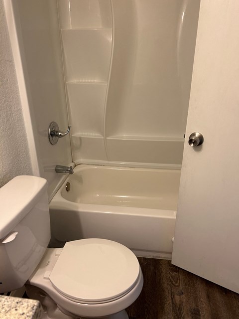 a bathroom with a toilet and a bath tub