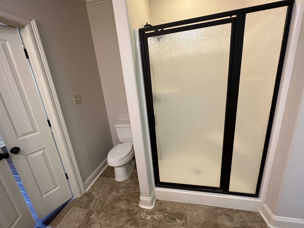 a bathroom with a shower and a toilet