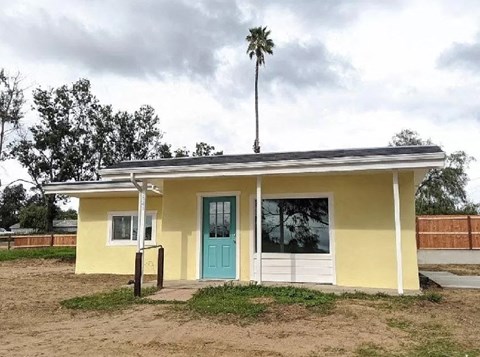 A small yellow house with a blue door and a palm tree in front.