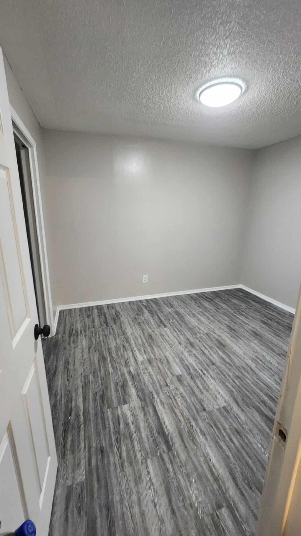 A room with a grey carpet and a white door.