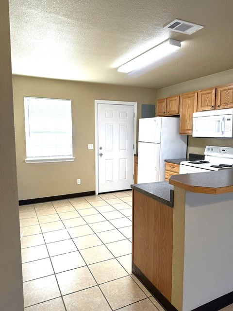 a kitchen with a white refrigerator and a sink