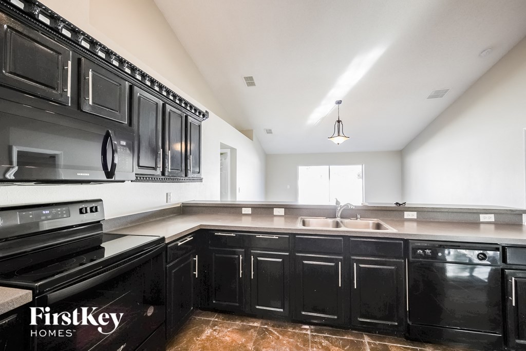 a kitchen with black cabinets and a sink and a stove