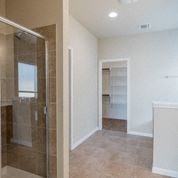 a bathroom with a shower and a closet