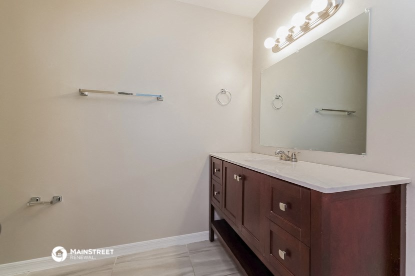 a bathroom with a vanity and a mirror and a sink