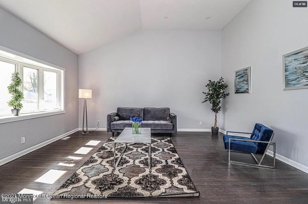 A living room with a grey couch, a blue chair, and a patterned rug.