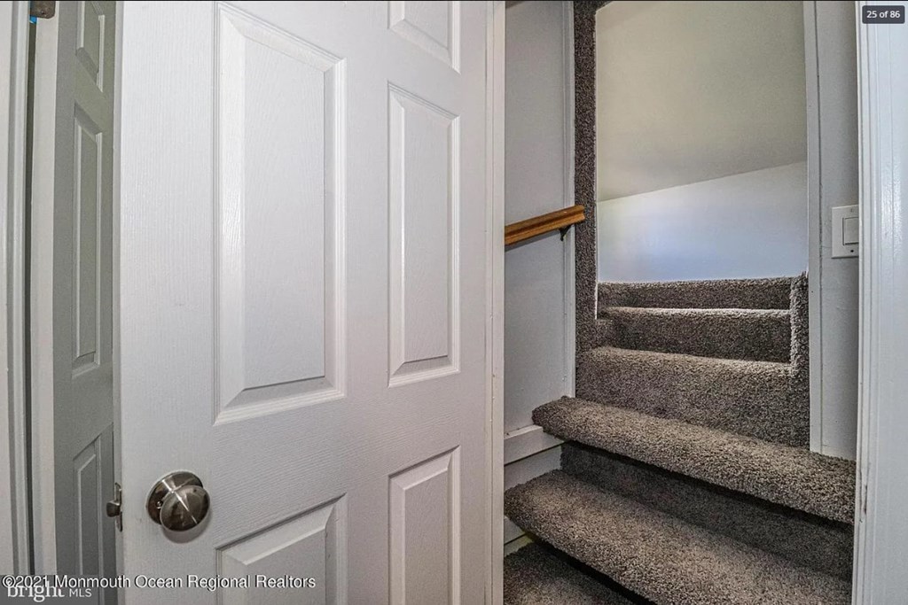 A white door with a silver handle is next to a staircase with a carpeted runner.