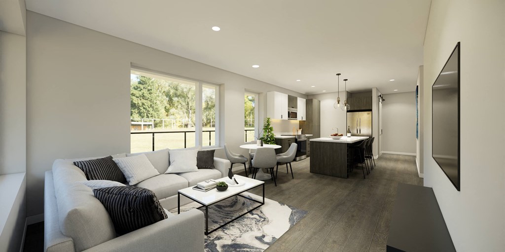 a rendering of a living room and dining room with a kitchen