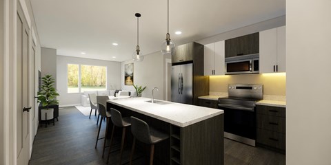 a rendering of a kitchen and dining room in a house
