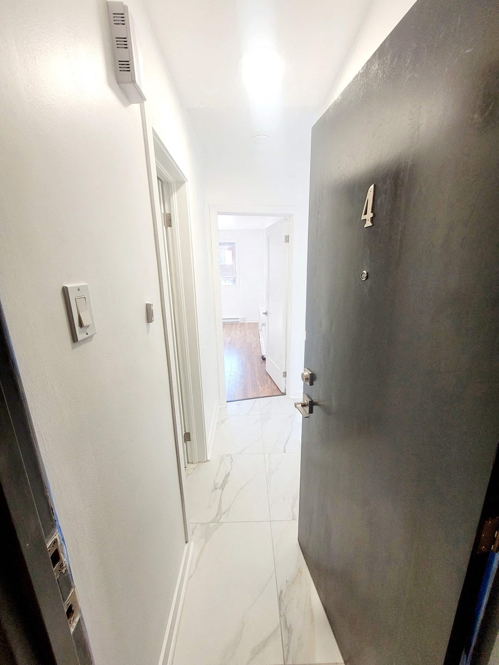 a view of the hallway from the front door of a home with a metal door