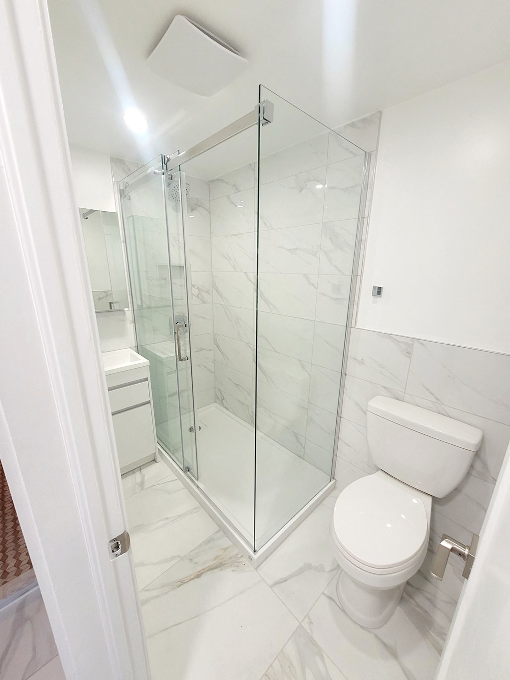 a white bathroom with a shower and a toilet
