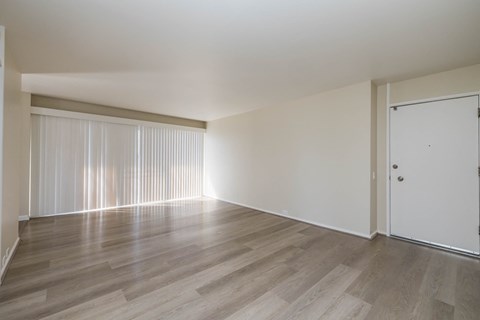 A room with a white door and a window with blinds.