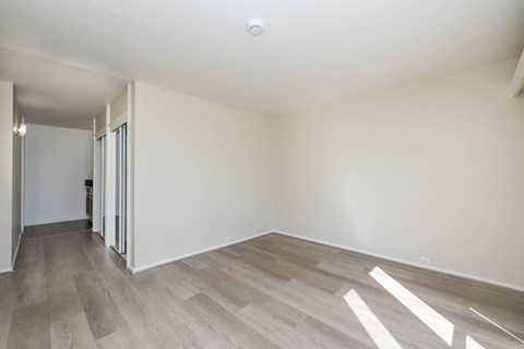 A room with light wood flooring and white walls.