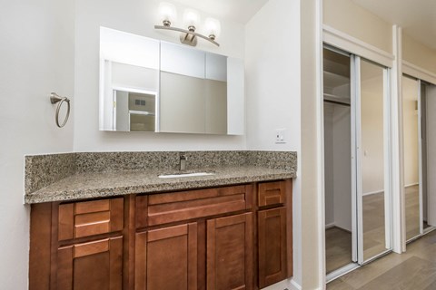 A bathroom with a brown counter top and a mirror above it.