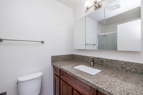 A bathroom with a toilet, sink, and mirror.