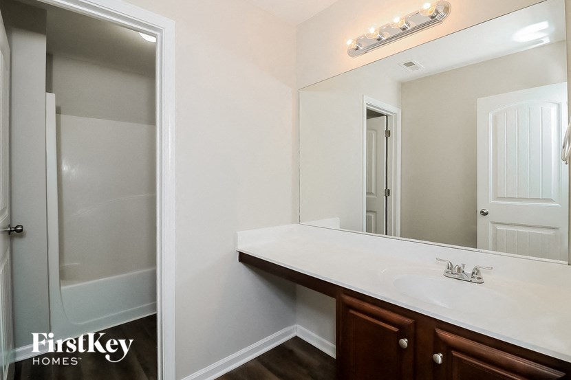 a bathroom with a sink and a mirror and a shower