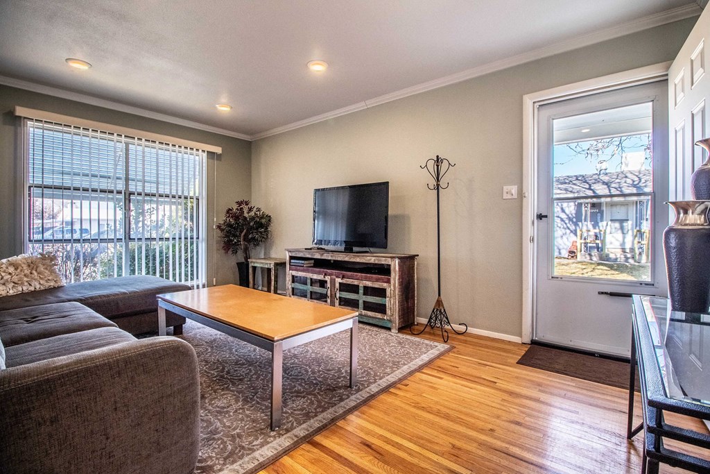a living room with a couch and a television