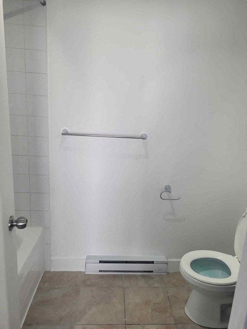 a white bathroom with a toilet and a bath tub