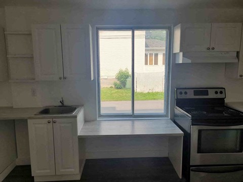 a kitchen with a sink and a window
