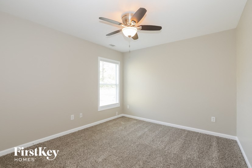 the spacious living room with ceiling fan and carpet