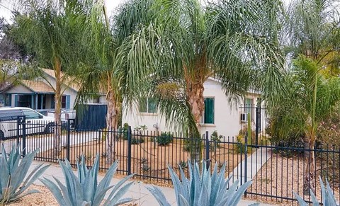 a house with palm trees and a black fence