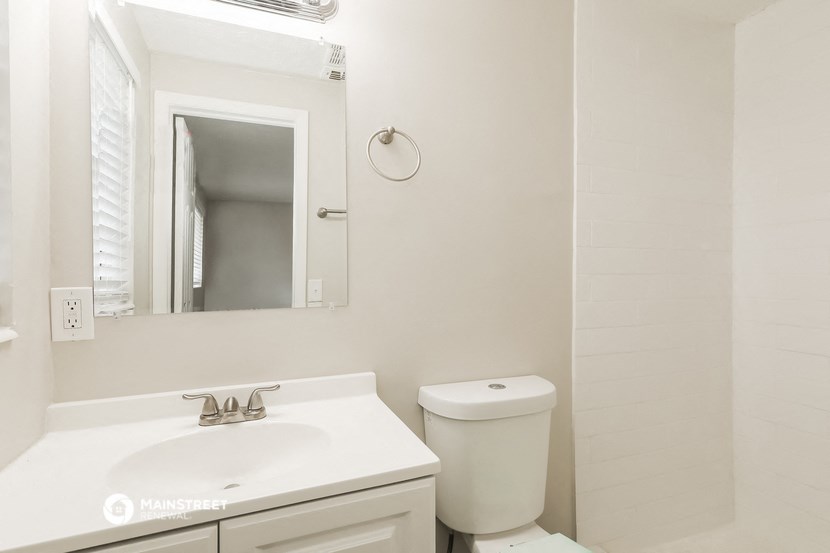 a bathroom with a sink and a mirror and a toilet