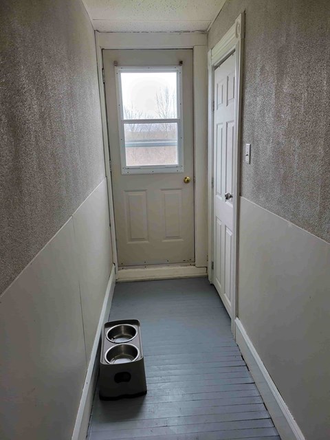 A hallway with a door and a window.