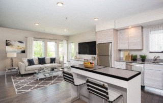 a living room with a kitchen and a couch