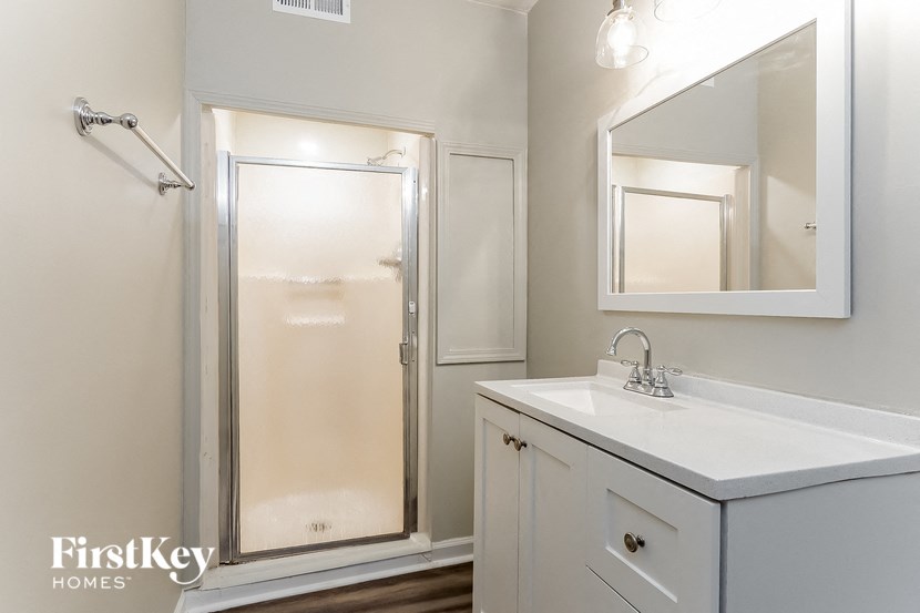 a bathroom with a sink and a shower and a mirror