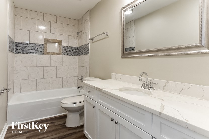 a bathroom with a sink and a toilet and a bath tub