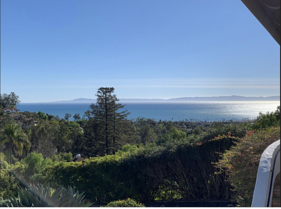 a view of the ocean from a balcony with trees